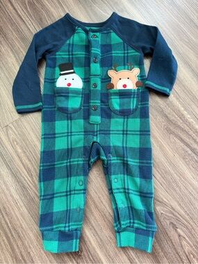 0-3 month Lullaby Lane Baby Plaid One-Piece Romper w Snowman & Reindeer Pockets